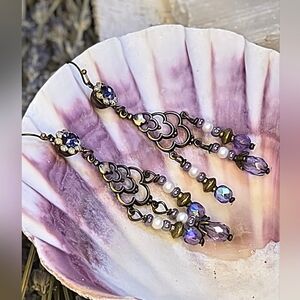 Victorian Chandelier Earrings In Tanzanite Purple Crystal Flowers In Brass